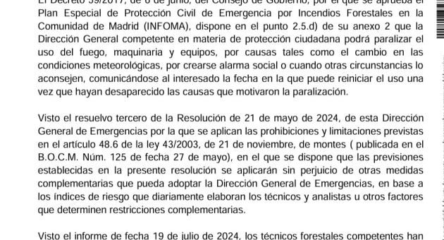 Resolución por la que se suspende el uso de fuego y uso de maquinaria en terreno forestal de la Comunidad de Madrid durante el sábado 20 de julio